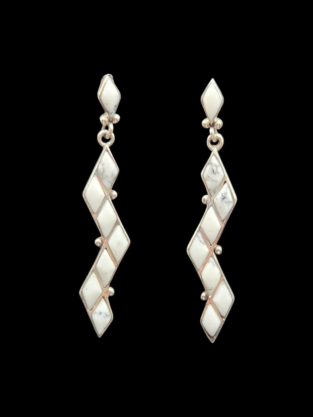Sterling Silver White Buffalo Inlay Geometric Dangle Earrings Sun Hallmark 925